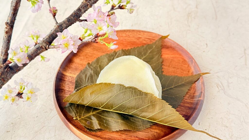 長命寺桜もち山本や_3枚の桜葉に包まれた「桜もち」