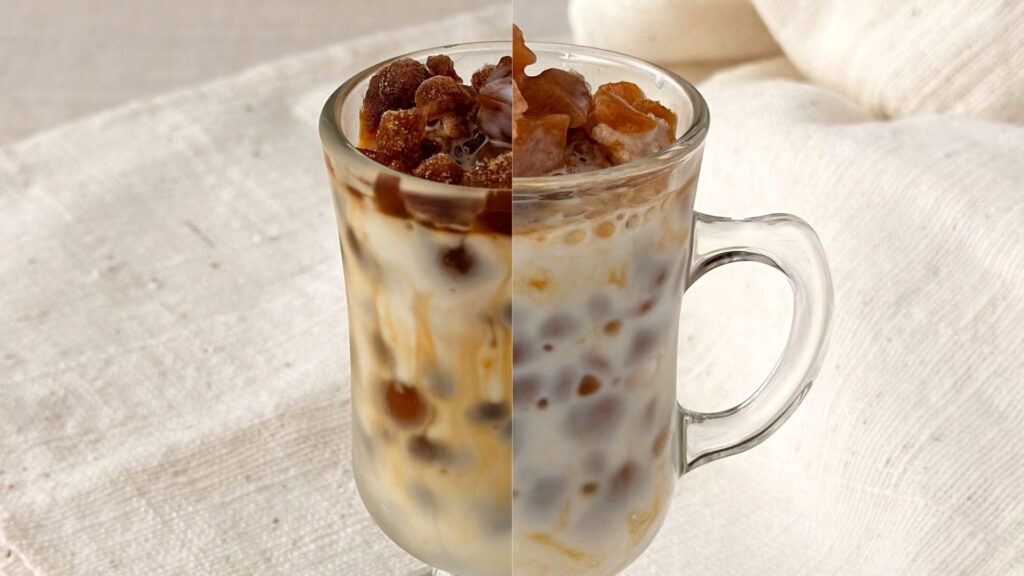 アイスライン_ガラスコップに注いだ「ドトール氷deアイスカフェオレ・アイスロイヤルミルクティー」