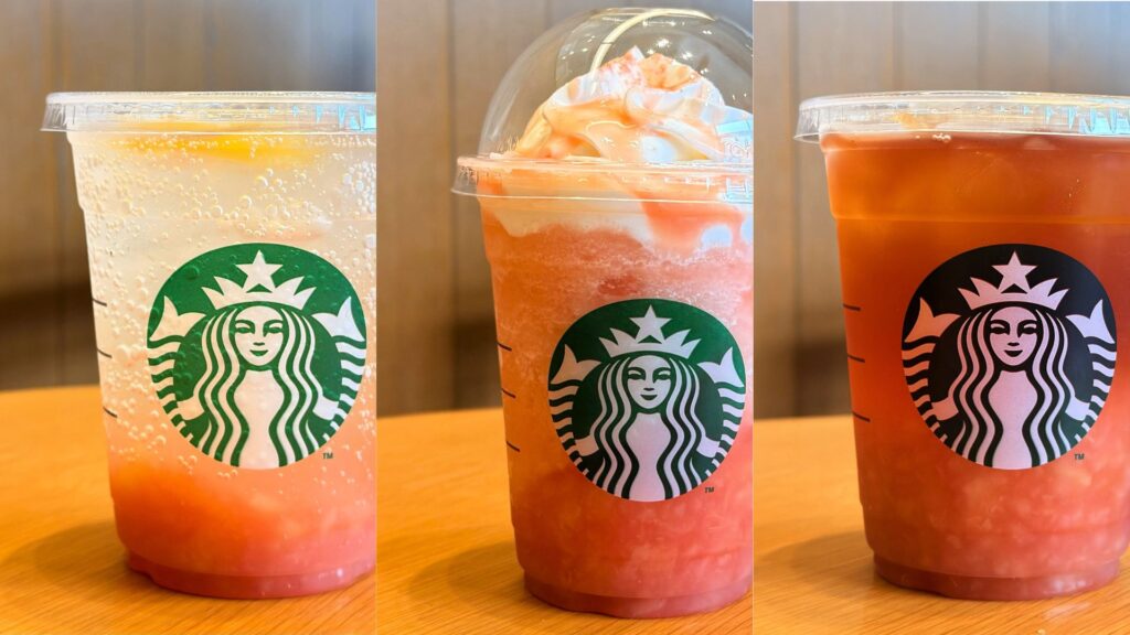「3つの幸せピーチ」ビバレッジが並んでいる様子