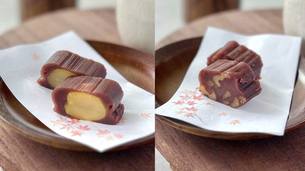 松葉屋_「月よみ山路 栗むし羊羹」と「比咩くるみ」の断面