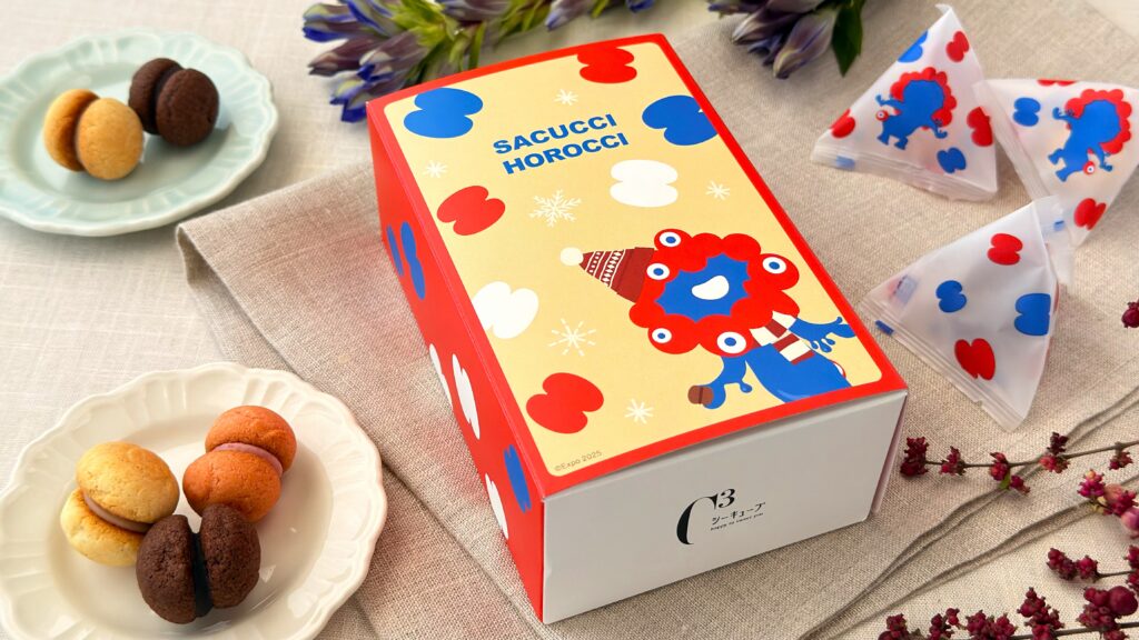 シーキューブ_「冬のミャクミャク サクッチ・ホロッチ 3種8個入」のパッケージと皿盛り