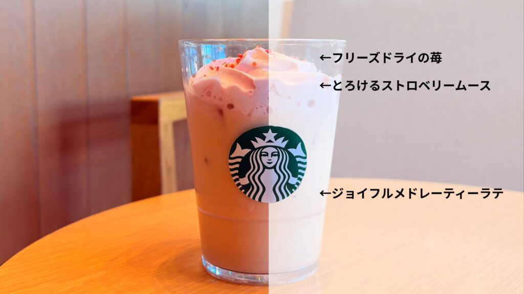 スターバックス_「ストロベリームース & ジョイフルメドレー ティー ラテ」の説明文