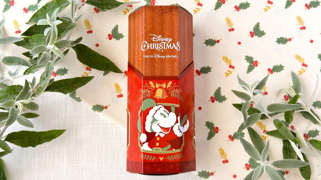 東京ディズニーリゾート_植物に囲まれたチョコレート風味「チュロススナック 紙箱 ミッキーマウスと仲間たち ディズニー・クリスマス」のパッケージ