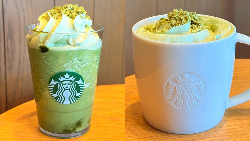スターバックス_横に並んだ「玉露抹茶 フラペチーノ®」と「玉露抹茶 ラテ」
