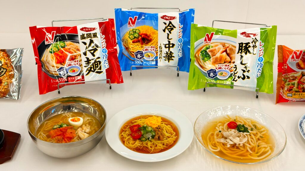 ニチレイ_「盛岡風冷麺」や「冷やし中華」「冷やし豚しゃぶうどん」の皿盛りとパッケージ