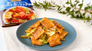 大塚食品_「メインディップ 豚バラキャベツのローストガーリック炒め」の皿盛りとパッケージ