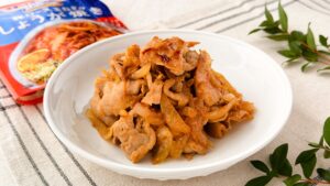 大塚食品_「メインディップ 豚ロース玉ねぎのしょうが焼き」の皿盛りとパッケージ