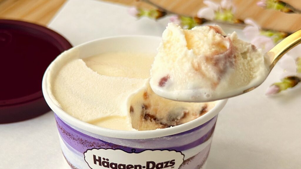 ハーゲンダッツ_「和のスイーツ アソート」のあずきのミルクプリンをスプーンですくっている様子