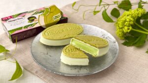 ハーゲンダッツ_クリスピーサンド「ザ・グリーンティー」の皿盛りとパッケージ