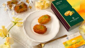 アンリ・シャルパンティエ_「ゴールデン富士シャインマスカットマドレーヌ 〜山梨・ワイナリー仕立て〜」の皿盛りとパッケージ
