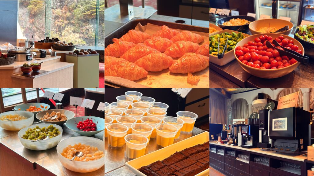 ホテルニューアカオ_メインダイニング錦の「ハーフビュッフェランチ」の料理が並んでいる様子