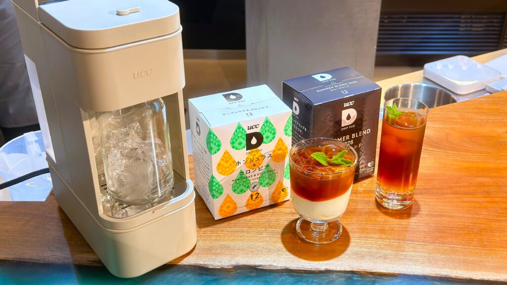 UCC_UCC DRIP POD・「コーヒートニック（サマーブレンド2026）」・「ヨーグルトコーヒー（ホンジュラス&コロンビア）」などが並んでいる様子