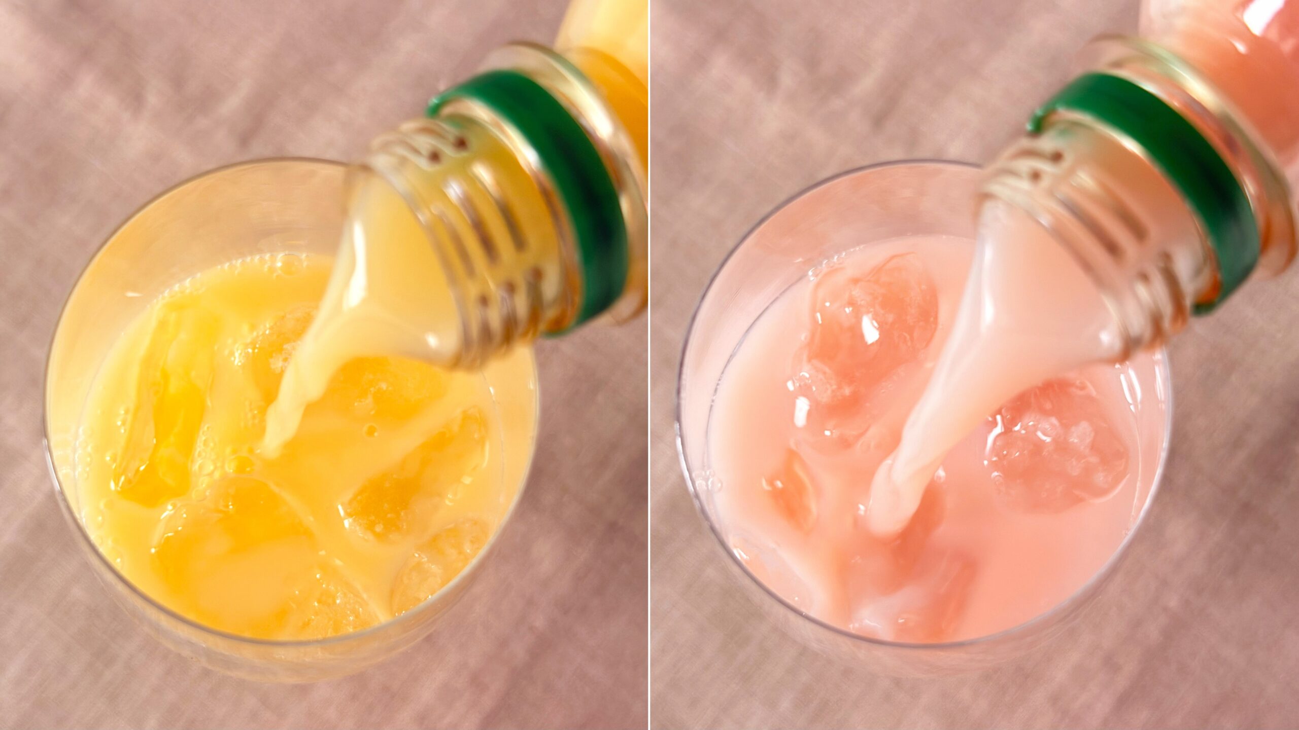 スターバックス_「スターバックス® FRUITY CHEERS™ TORORI ストロベリーベルガモット」と「スターバックス®FRUITY CHEERS™ TORORI マンゴーパッションフルーツ」をグラスに注いでいる様子